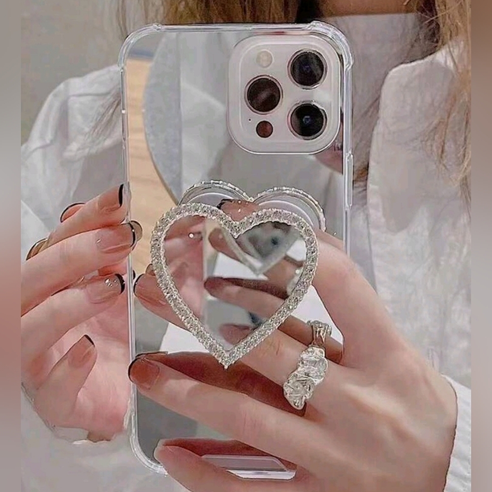 Samsung S23 Ultra Mirror Case With Crystal Embezzled Heart Ring Holder/Stand